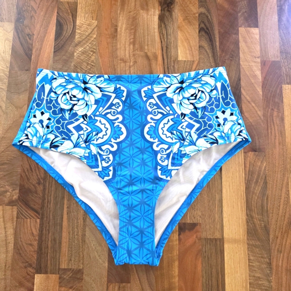 WHBM Blue Floral High-Waisted Bikini Bottoms Size Small NWT‎